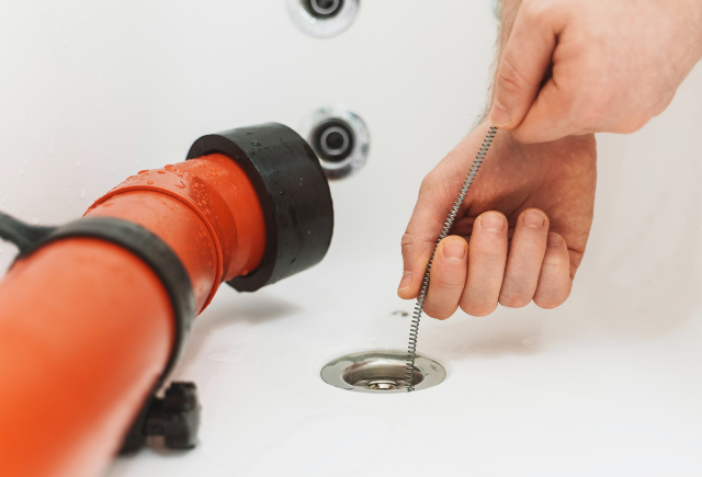 Plumber using drain snake to clear blocked drain, professional drain cleaning services.