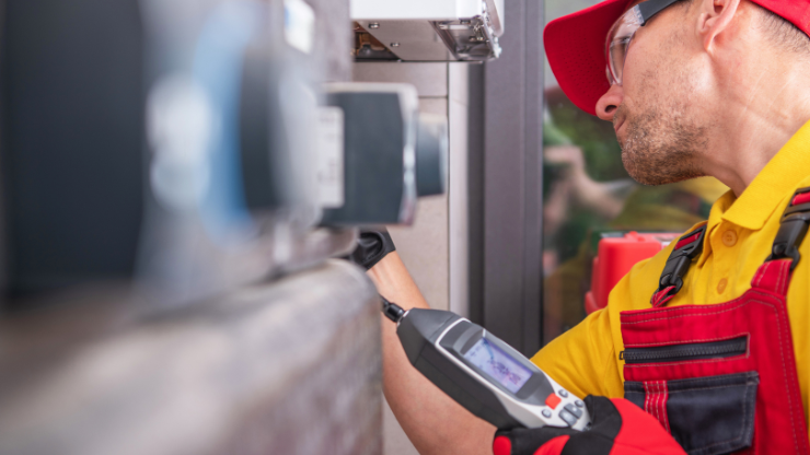 Plumber using gas leak detection equipment on residential gas line