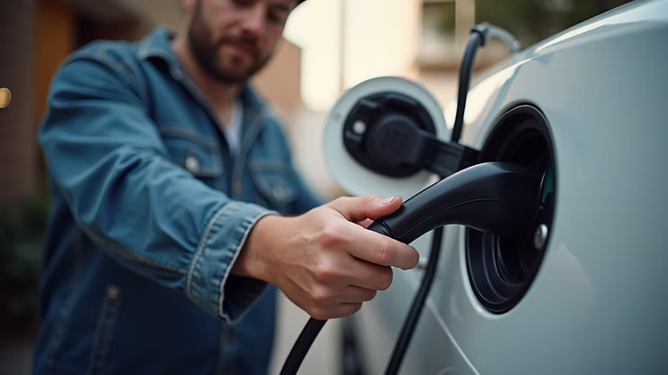 Electrician installing EV charger at home, demonstrating home EV charger setup.