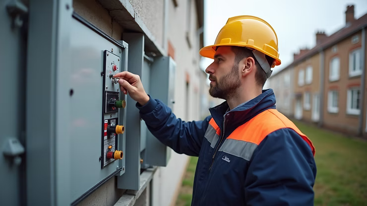 Electrician inspecting electrical panel for spring and summer maintenance in Snohomish, Washington.