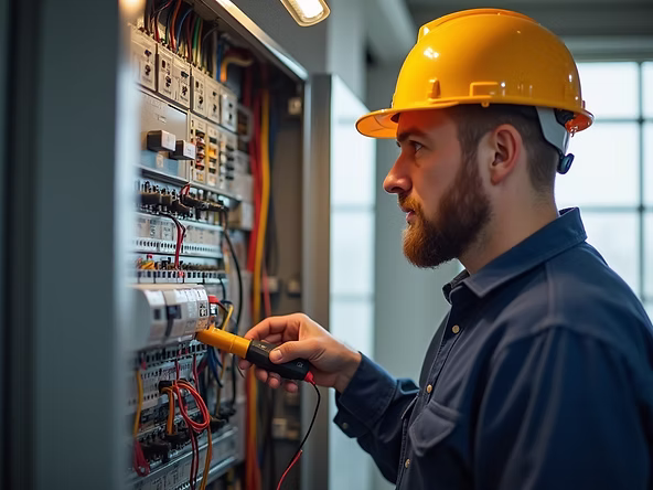 Electrician inspecting electrical panel, assessing home electrical system in Snohomish, Washington.