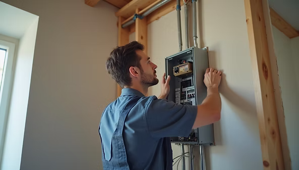 Plumber inspecting electrical panel, assessing home's electrical system for repiping and repairs in Snohomish, Washington.