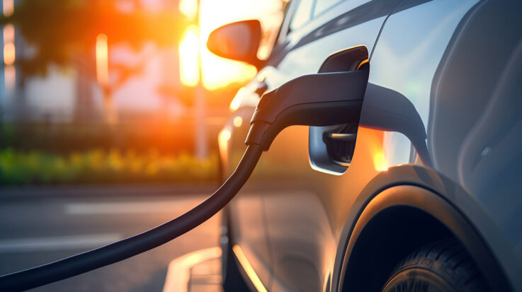 Electric vehicle charging cable connected to car, illustrating EV charger installation process.