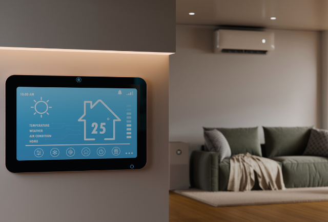 Smart home panel displaying temperature and weather information, integrated with air conditioning system.