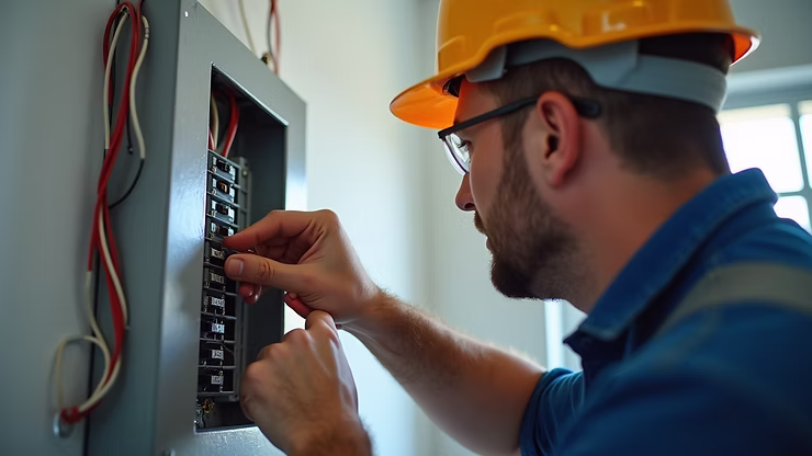 Electrician inspecting electrical panel, ensuring home wiring safety in Snohomish County.