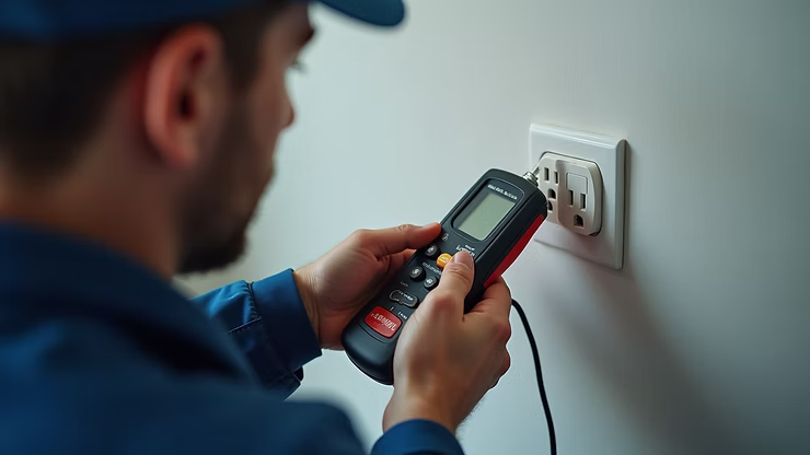 Electrician using multimeter testing electrical outlet for home safety inspection.
