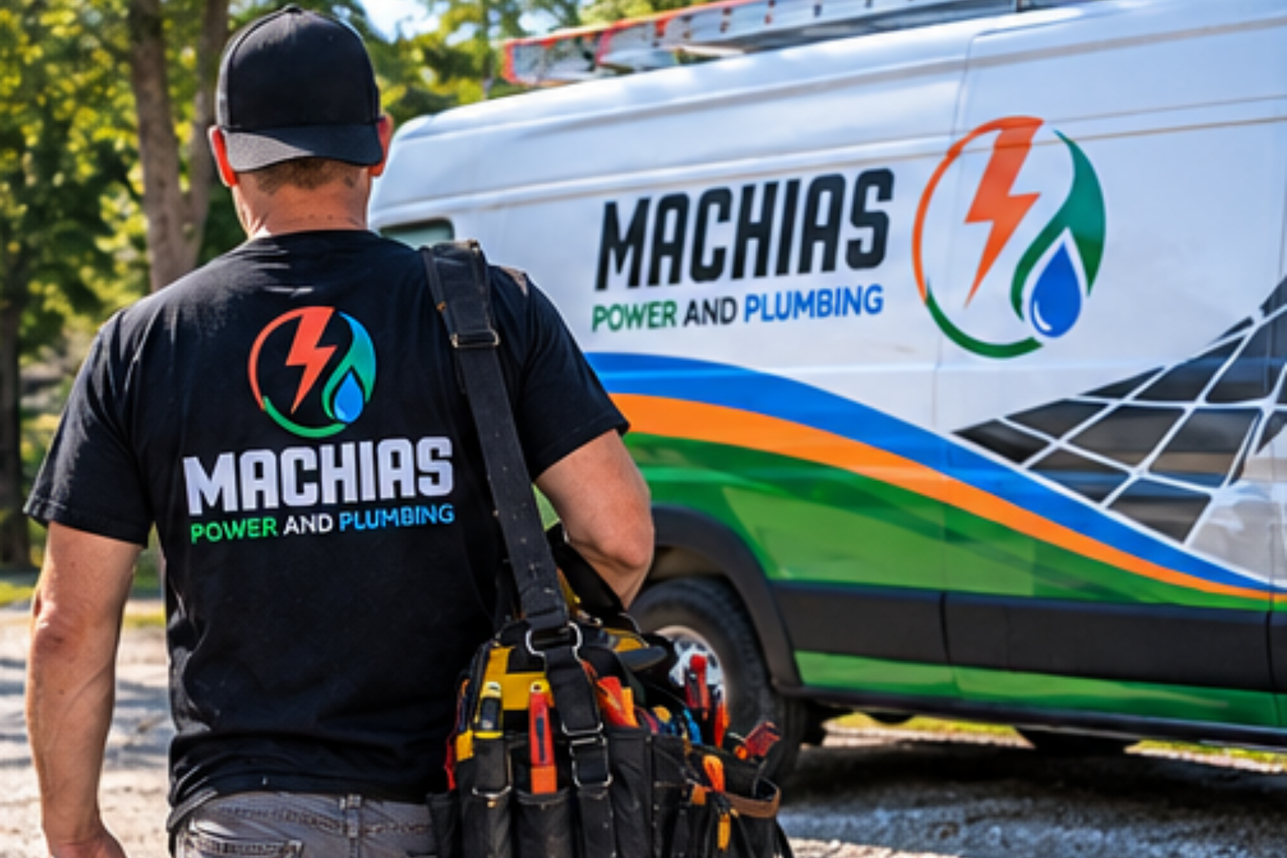 Technician in a black Machias Power and Plumbing shirt and cap carrying a tool bag over his shoulder, walking past a white branded service van on a gravel driveway