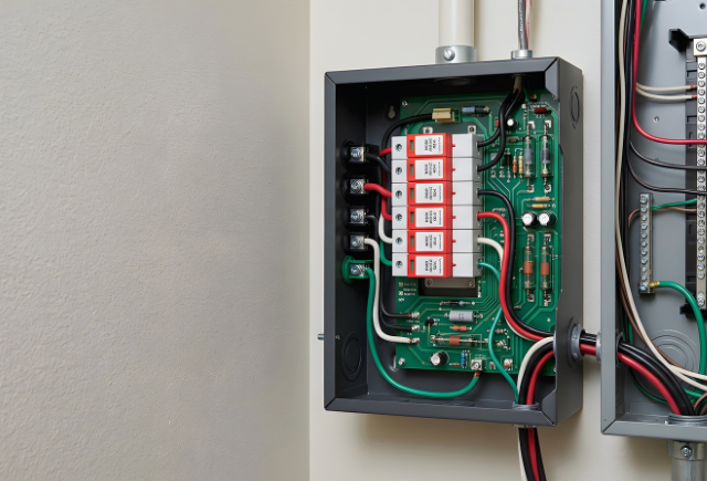 Whole-home surge protection panel installation with circuit breakers and wiring.