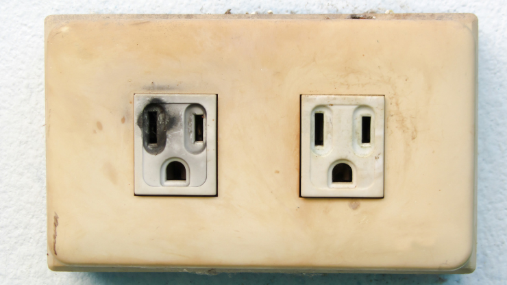 Burned electrical outlet on wall illustrating home electrical safety concerns.