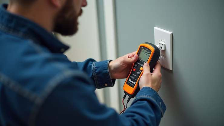 Electrician using multimeter for home electrical safety inspection.
