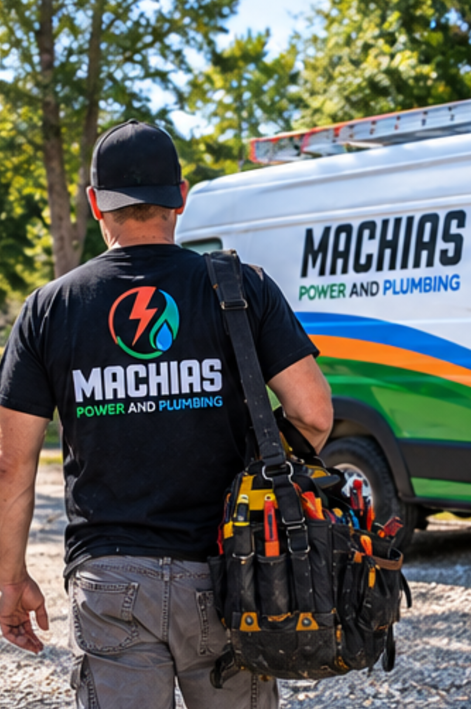 Technician in a black Machias Power and Plumbing shirt and cap carrying a tool bag over his shoulder, walking past a white branded service van on a gravel driveway