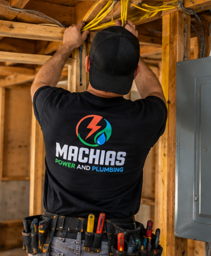 Electrician in a Machias Power and Plumbing shirt running yellow electrical wiring through wood wall framing next to an electrical panel