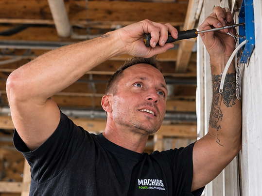 Aaron Pullen, owner of Machias Power and Plumbing, using a screwdriver to install wiring in a blue electrical box on an open-framed wall